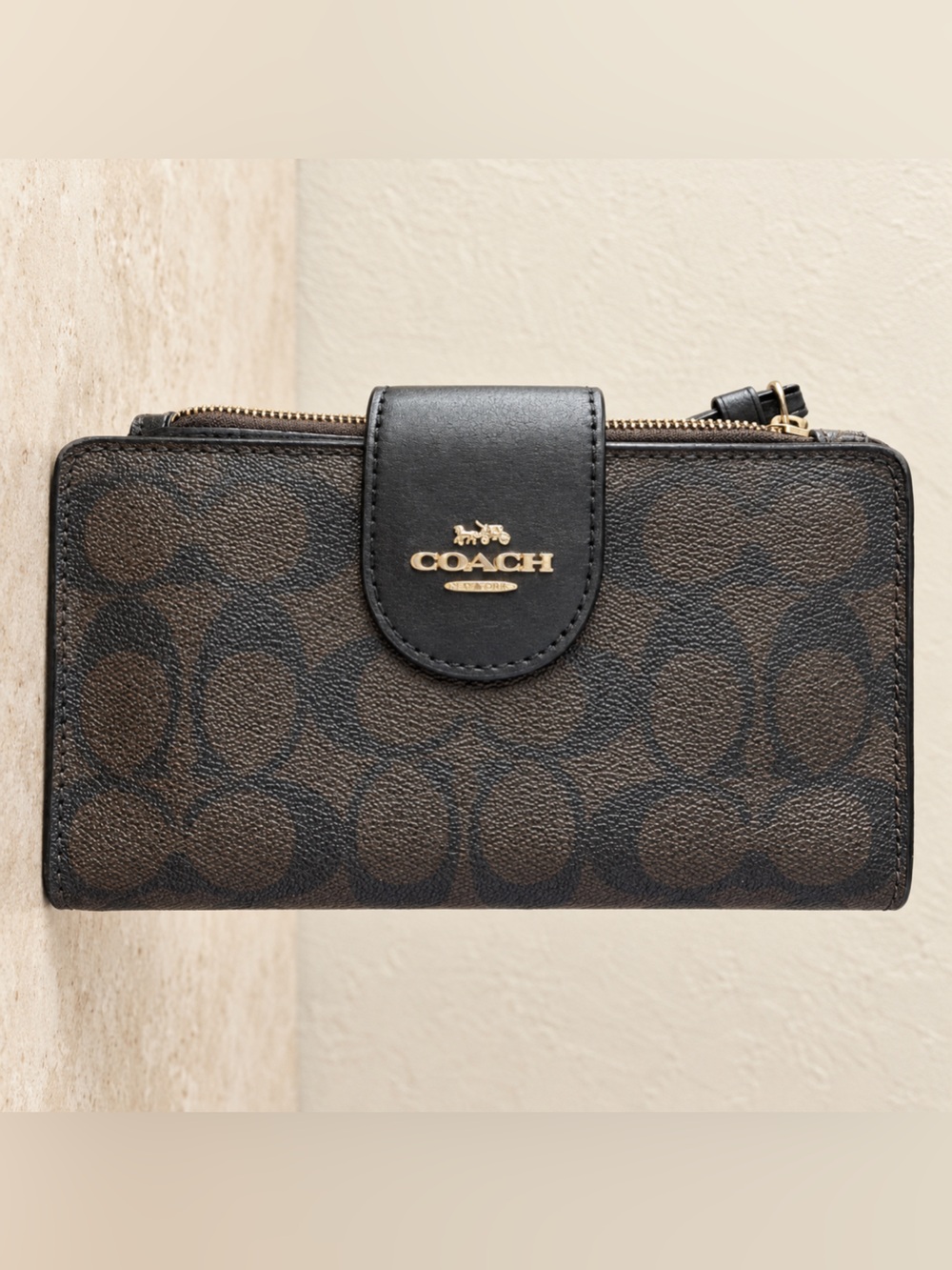 Coach Brown & Black Signature Zip Continental Wallet
